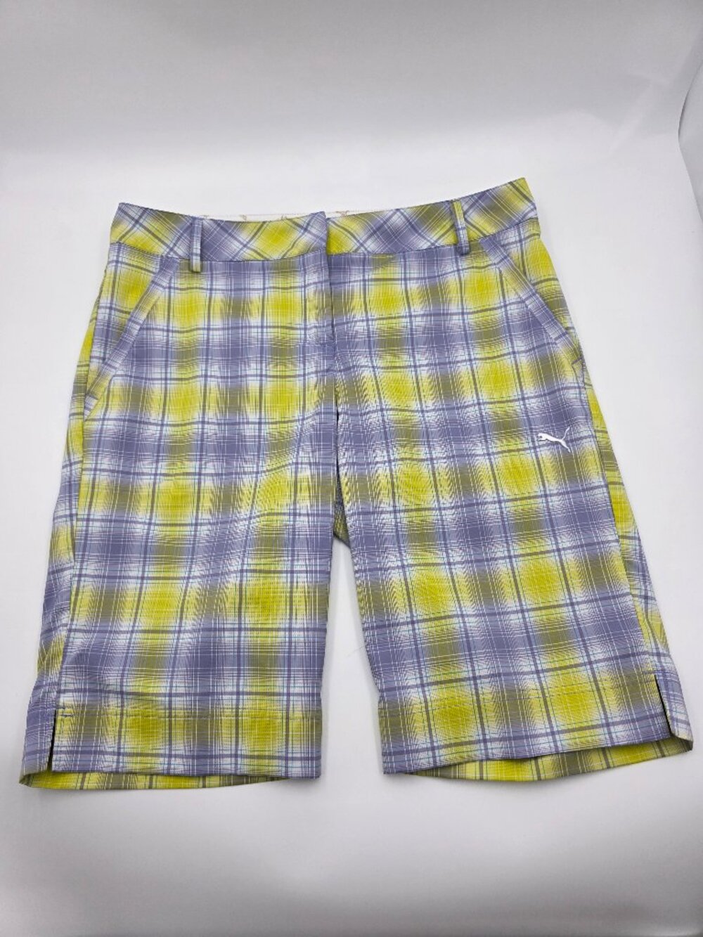 Puma Golf Plaid Performance Shorts Size 10 Purple Yellow Stretch Golf #8